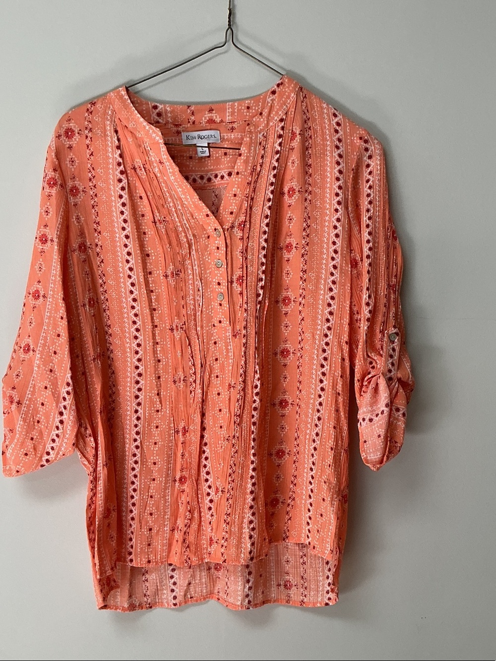 Kim Rogers Coral Peach Printed Pintuck Button Blouse